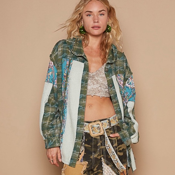 LAST ONE ! POL Plaid Button-Down Hoodie with Multi-Color Patchwork - Picture 6 of 7